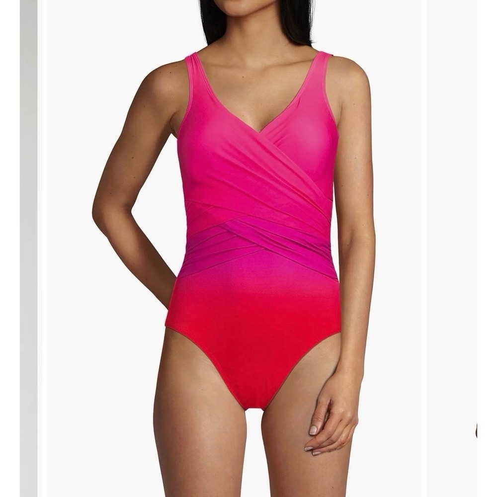 Lands End Pink Slender Suit Wrap One Piece Swimsuit Size 14 LONG